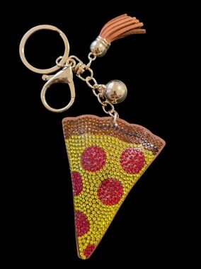 Rhinestone Pizza Slice Bag Charm Keychain - Yellow & Red